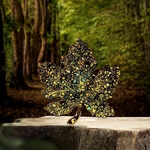 Green Rhinestone Maple Leaf Brooch